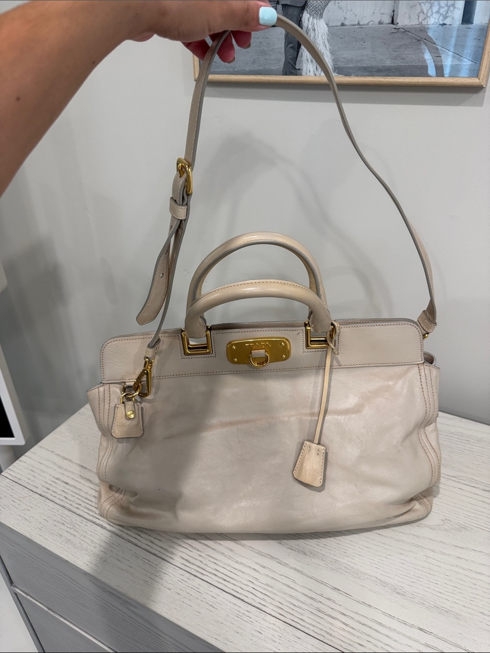 PRADA Nude Leather Top-Handle Satchel with Gold Hardware - Picture 8 of 16